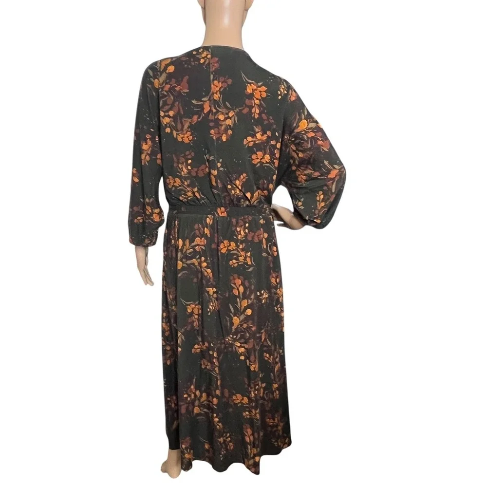 Garnet Hill Faux Wrap Maxi Dress Brown Floral Stretch Jersey V Neck Womens Large - Picture 2 of 12